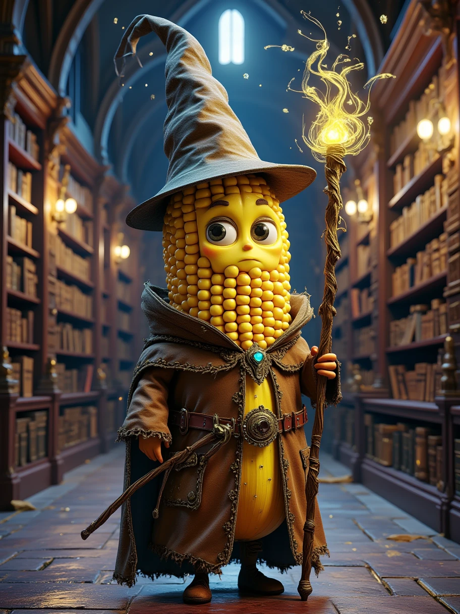 Extra Long Shot,  A human-like corn ， Wearing a mysterious mage costume ， The background is an ancient magical library 。 The character has wise eyes ， expression calm and calm 。 holding a magic wand ， with golden lines wrapped around the staff 。 The background is an ancient magical library ， The bookshelf is filled with ancient books ， The faint light illuminates the room ， creates a mysterious 、Ambience of knowledge 。 grain texture of corn 、 including a tall magic hat and a robe {x} The light makes this character full of intelligence，Calm personality。Realism，photography，Blind Box，Disney，3D Rendering，C4D，OC Renderer，Full body portrait