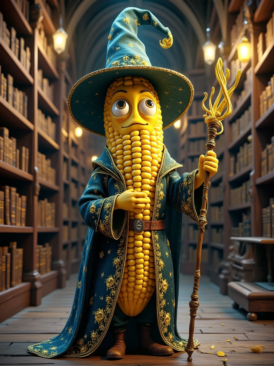 Extra Long Shot,  A human-like corn ， Wearing a mysterious mage costume ， The background is an ancient magical library 。 The character has wise eyes ， expression calm and calm 。 holding a magic wand ， with golden lines wrapped around the staff 。 The background is an ancient magical library ， The bookshelf is filled with ancient books ， The faint light illuminates the room ， creates a mysterious 、Ambience of knowledge 。 grain texture of corn 、 including a tall magic hat and a robe {x} The light makes this character full of intelligence，Calm personality。Realism，photography，Blind Box，Disney，3D Rendering，C4D，OC Renderer，Full body portrait