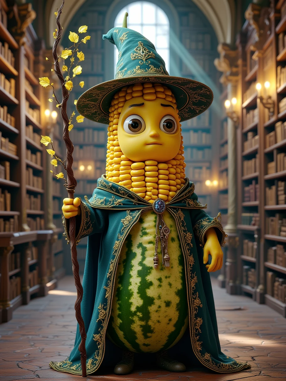 Extra Long Shot,  A human-like corn ， Wearing a mysterious mage costume ， The background is an ancient magical library 。 The character has wise eyes ， expression calm and calm 。 holding a magic wand ， with golden lines wrapped around the staff 。 The background is an ancient magical library ， The bookshelf is filled with ancient books ， The faint light illuminates the room ， creates a mysterious 、Ambience of knowledge 。 grain texture of corn 、 including a tall magic hat and a robe {x} The light makes this character full of intelligence，Calm personality。Realism，photography，Blind Box，Disney，3D Rendering，C4D，OC Renderer，Full body portrait