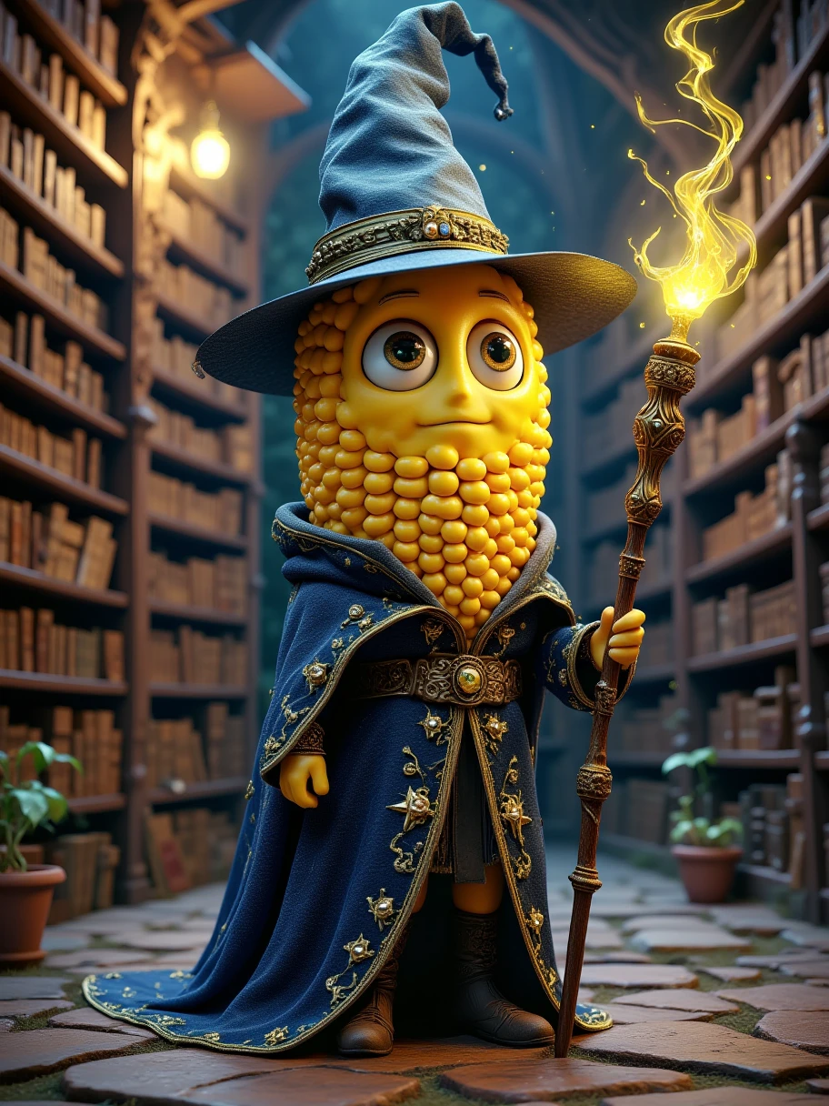 Extra Long Shot,  A human-like corn ， Wearing a mysterious mage costume ， The background is an ancient magical library 。 The character has wise eyes ， expression calm and calm 。 holding a magic wand ， with golden lines wrapped around the staff 。 The background is an ancient magical library ， The bookshelf is filled with ancient books ， The faint light illuminates the room ， creates a mysterious 、Ambience of knowledge 。 grain texture of corn 、 including a tall magic hat and a robe {x} The light makes this character full of intelligence，Calm personality。Realism，photography，Blind Box，Disney，3D Rendering，C4D，OC Renderer，Full body portrait