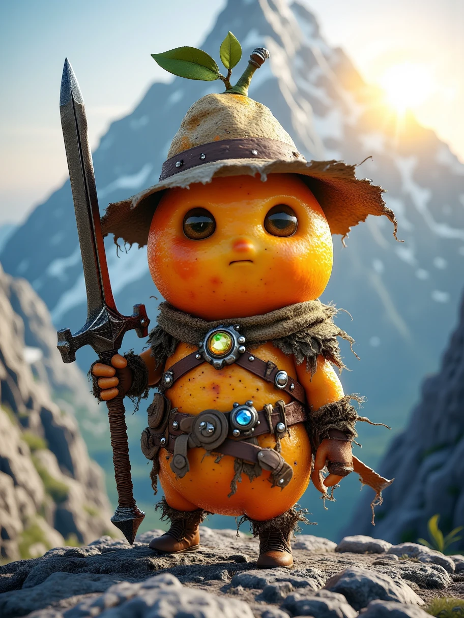 Extra Long Shot,  an orange with human-like characteristics ， wears a brave adventurer costume ， including a sturdy helmet and a wear-resistant leather jacket 。 The character has a determined expression ， eyes are brave and firm 。Holding a dagger，The hilt is set with precious stones。 The background is a steep mountain range ， sunlight shines on a mountain peak ， creates a spectacular 、 rocky atmosphere 。 texture of orange skin 、 Pe details and fantastic orange glow make this character full of detail and fantastic orange glow vitality，Brave 。Realism，photography，Blind Box，Disney，3D Rendering，C4D，OC Renderer，Full body portrait, 1yxsg1 