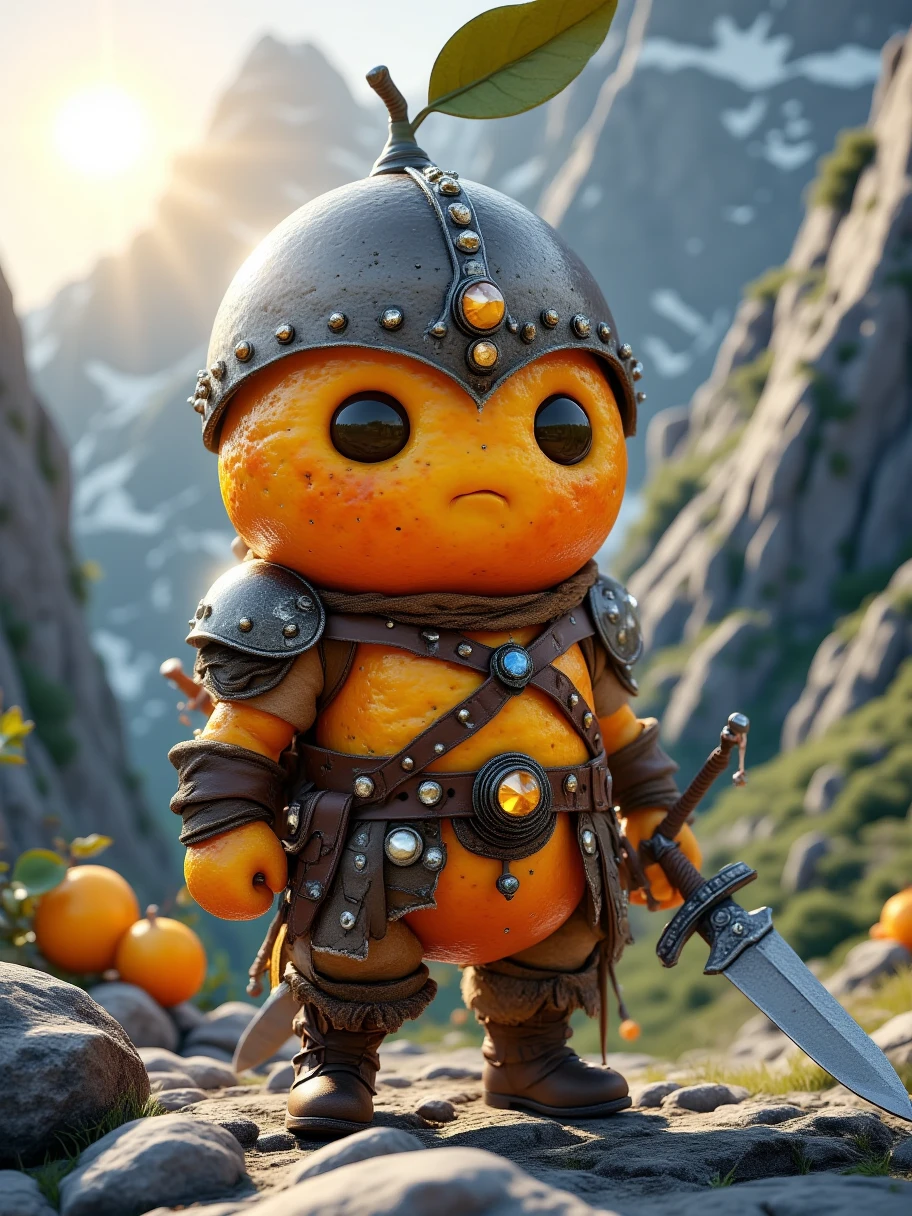 Extra Long Shot,  an orange with human-like characteristics ， wears a brave adventurer costume ， including a sturdy helmet and a wear-resistant leather jacket 。 The character has a determined expression ， eyes are brave and firm 。Holding a dagger，The hilt is set with precious stones。 The background is a steep mountain range ， sunlight shines on a mountain peak ， creates a spectacular 、 rocky atmosphere 。 texture of orange skin 、 Pe details and fantastic orange glow make this character full of detail and fantastic orange glow vitality，Brave 。Realism，photography，Blind Box，Disney，3D Rendering，C4D，OC Renderer，Full body portrait, 1yxsg1 