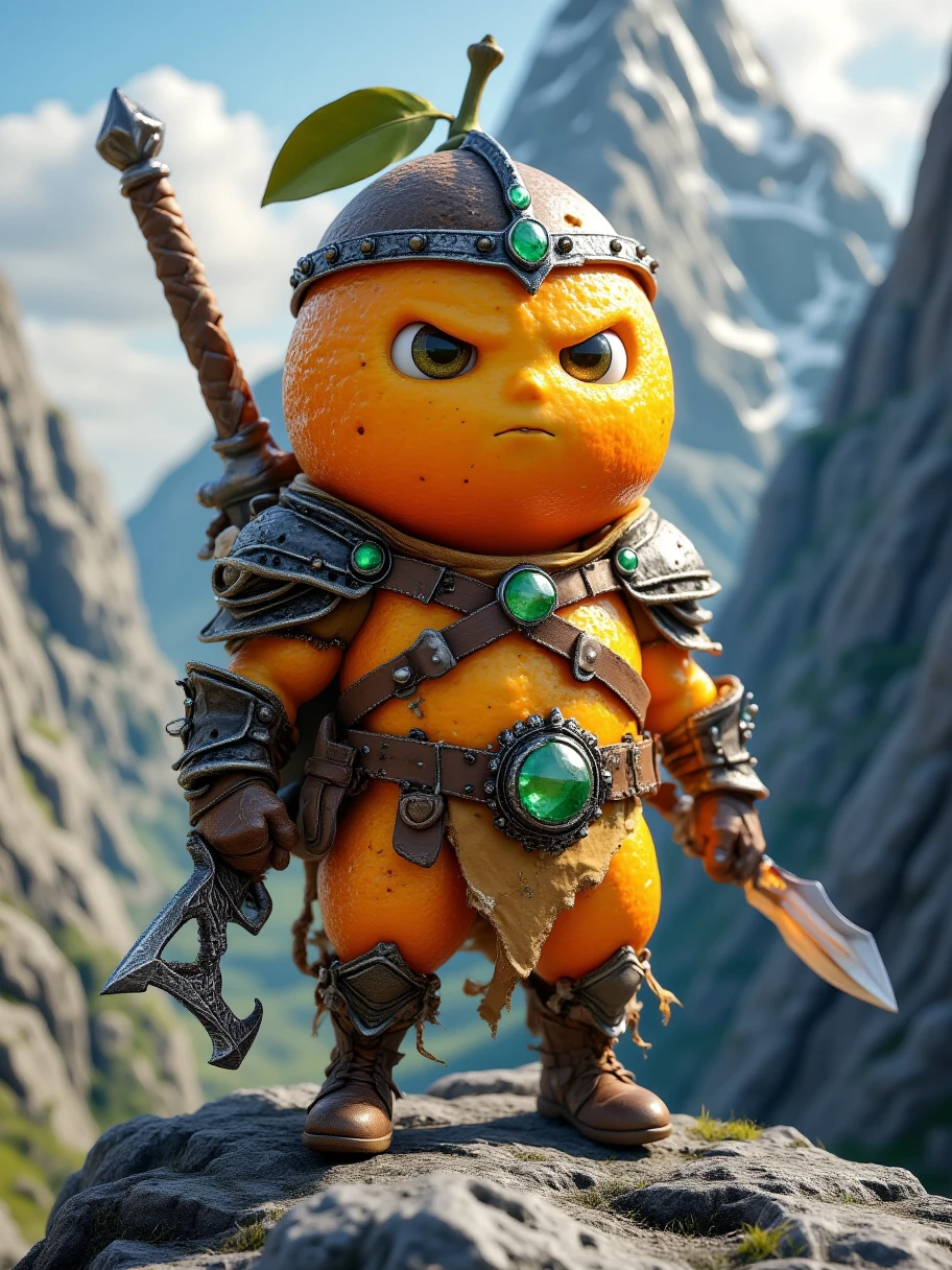 Extra Long Shot,  an orange with human-like characteristics ， wears a brave adventurer costume ， including a sturdy helmet and a wear-resistant leather jacket 。 The character has a determined expression ， eyes are brave and firm 。Holding a dagger，The hilt is set with precious stones。 The background is a steep mountain range ， sunlight shines on a mountain peak ， creates a spectacular 、 rocky atmosphere 。 texture of orange skin 、 Pe details and fantastic orange glow make this character full of detail and fantastic orange glow vitality，Brave 。Realism，photography，Blind Box，Disney，3D Rendering，C4D，OC Renderer，Full body portrait, 1yxsg1 