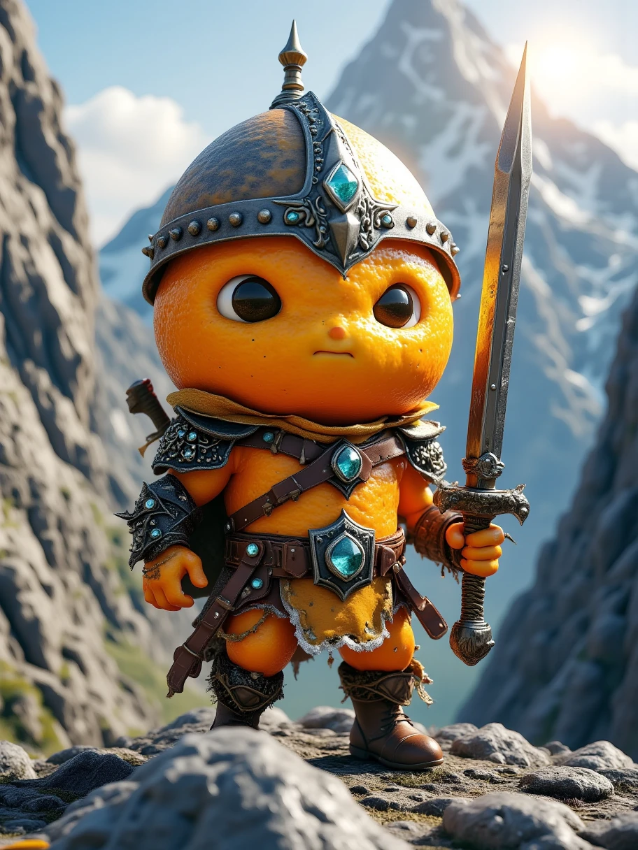 Extra Long Shot,  an orange with human-like characteristics ， wears a brave adventurer costume ， including a sturdy helmet and a wear-resistant leather jacket 。 The character has a determined expression ， eyes are brave and firm 。Holding a dagger，The hilt is set with precious stones。 The background is a steep mountain range ， sunlight shines on a mountain peak ， creates a spectacular 、 rocky atmosphere 。 texture of orange skin 、 Pe details and fantastic orange glow make this character full of detail and fantastic orange glow vitality，Brave 。Realism，photography，Blind Box，Disney，3D Rendering，C4D，OC Renderer，Full body portrait, 1yxsg1 