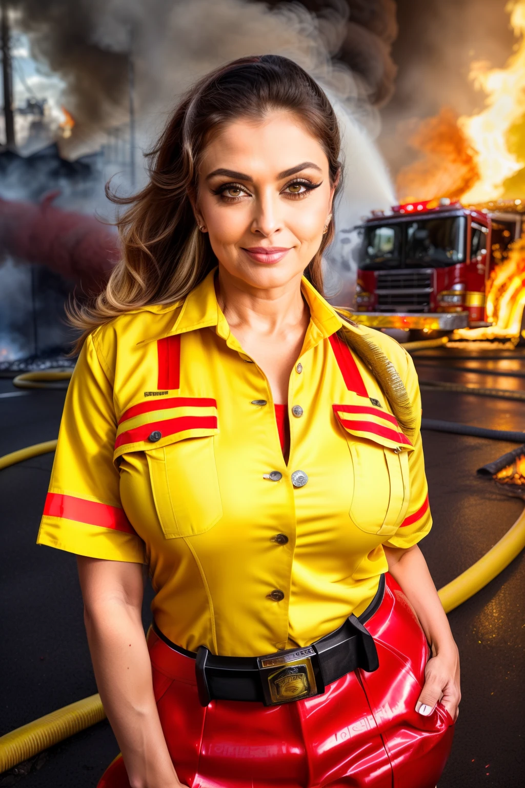 (medium full shot) of (esthetic young woman:1.1) firefighter, mexican with dark hair, brown eyes, medium skin tone, medium build, wearing Fire-resistant jacket with reflective trim, bunker pants with reinforced cuffs, modern firefighter helmet with built-in flashlight, rugged work boots, portable radio, smiling at the viewer, making a superhero landing pose, set in City Street, Pandemonium reigns with burning debris blocking alleyways, smoldering remnants of outdoor furniture from a sidewalk cafe, flames dancing around toppled street lamps, cracked pavement from the intense heat, and the acrid scent of smoke hanging heavy in the air , at night ,Masterpiece,best quality, photorealistic, amazing quality, very aesthetic, extremely detailed face,