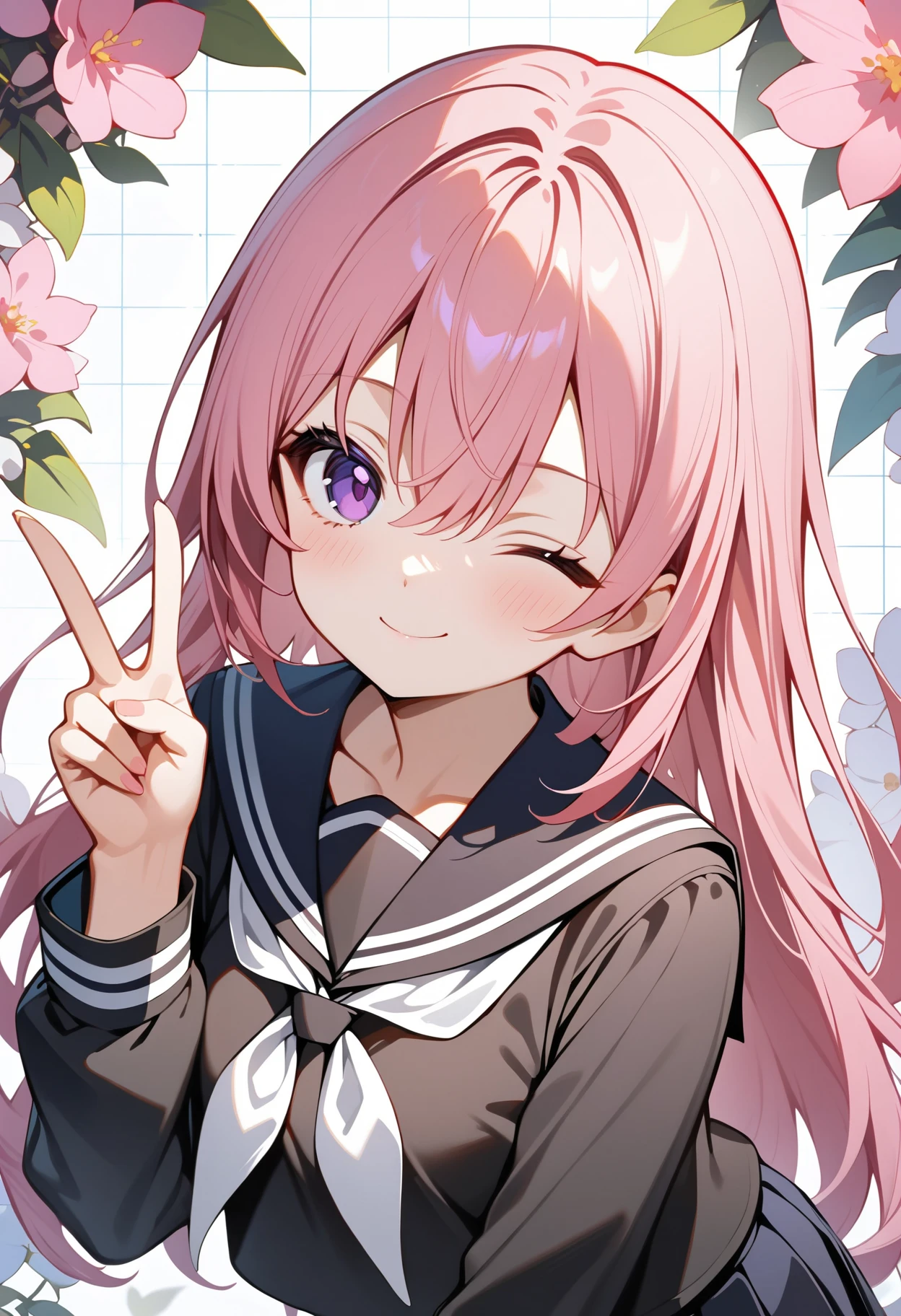 best quality, amazing quality, great quality, absurdres, 1girl, solo, pink hair, purple eyes, hair between eyes, long hair, black sailor collar, black skirt, school uniform, serafuku, white neckerchief, standing, v, upper body, looking at viewer, floral background, one eye closed, smile, closed mouth, grid background,