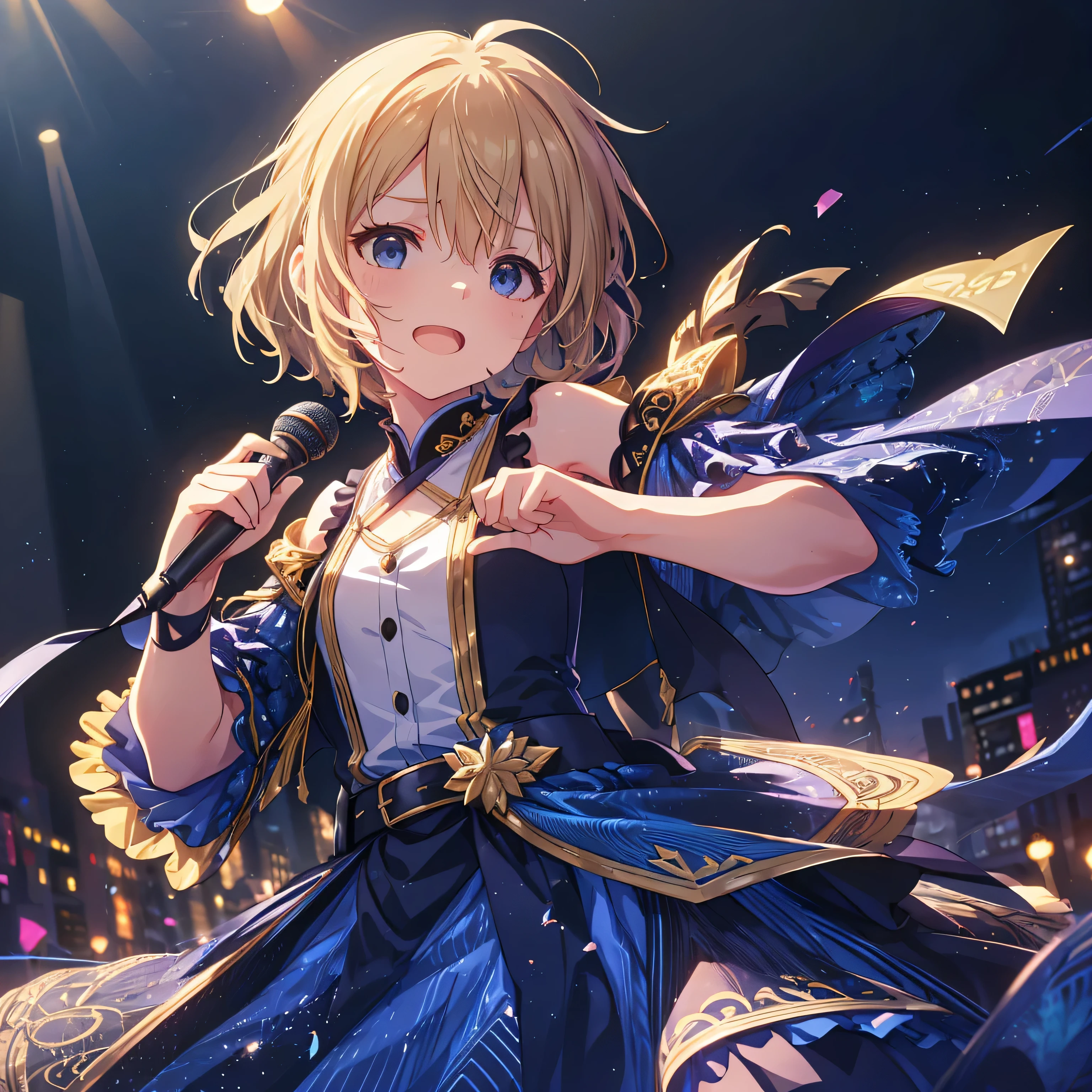 flat chested, illustration of one person, {{{{{Cute smile with open mouth }}}}}, {{{{{ open your mouth and laugh}}}}}, (8k, best quality , Masterpiece :1.2), (Eye details\), (Clothing Details), (whole body:1.3), Highly Detailed CG Unity 8K Wallpaper , Large File Size , very detailed, high definition , absurd, beautiful eyes , ray tracing ,Dramatic Shadows, Finer Details ,elevation, HYPER DETAILS ,(1:1.3),(Alone), male idol costume collection, 1. Boy, holding a microphone , blonde hair, shorthair, blue eyes, blue clothes, ruffle skirt,Sleeveless,(sloppy:1.2),belt.In repentance,( Raise Your Closed Hands :1.3)+( Wakino:1.2), Delicate and Beautiful Live House , Multiple Colored Spotlights , Multiple Diffuse Reflections, Dance Floor,