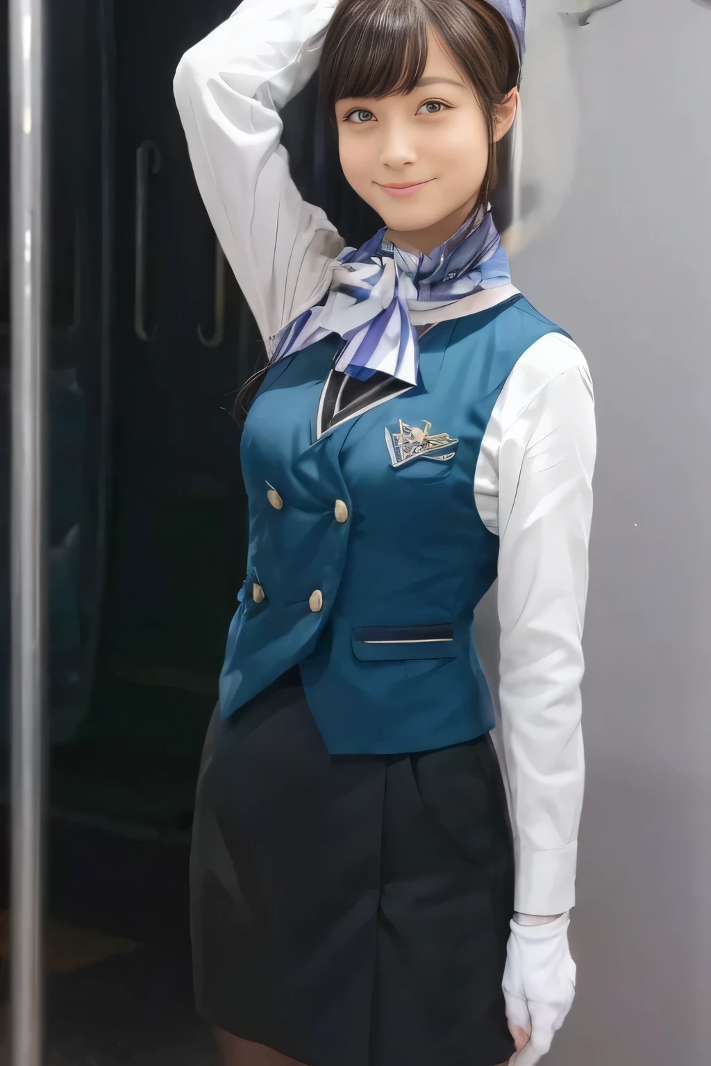 (  Masterpiece :1.2,  best quality:1.2), 32kHDR,  kampala, (Alone、  1 girl)、（what 、  professional writing ）、In-flight background、（Nankai Train crew uniformを着たリアルなスタイル）、（（Nankai Train crew uniformのグリーンのベスト））、（（ Nankai Train Crew Uniform Collarless White Long Sleeve Blouse）） 、（（Nankai Train Crew Uniform Culotte Skirt  、Scarf around the neck））、  lots of dark brown hair 、（  long hair、Hair tied up、Hair tied up）、  lots of dark brown hair 、 Long Hit 、Big Breasts、Thin legs、（（ amazing hands：2.0）），（（ Harmonious physique  ：1.5）），（（Normal limbs：2.0）），（（Usually ：2.0）），（（  delicate eyes ：2.0）），（（Normal eyes：2.0））)、smile、（Nankai Train crew uniformを着た美しい姿）、Hands crossed underneath 