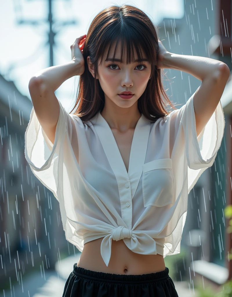 short tshirt，（Cinematic tones）（Wet clothes：1.9）,（Get wet all over your body：1.9）,Top image quality, tmasterpiece, 超高分辨率, （Fidelity：1.4）, photore,deluge, stunningly beautiful woman, （Sorrow）, white  shirt, dim murky lights, shadowy, Desperate, Pity, Pathetic, Cinematic, Tears, tear drop, （ripped clothing：1.5）, （Wet clothes：1.4）, bare shoulders​, Real rain, wetting hair