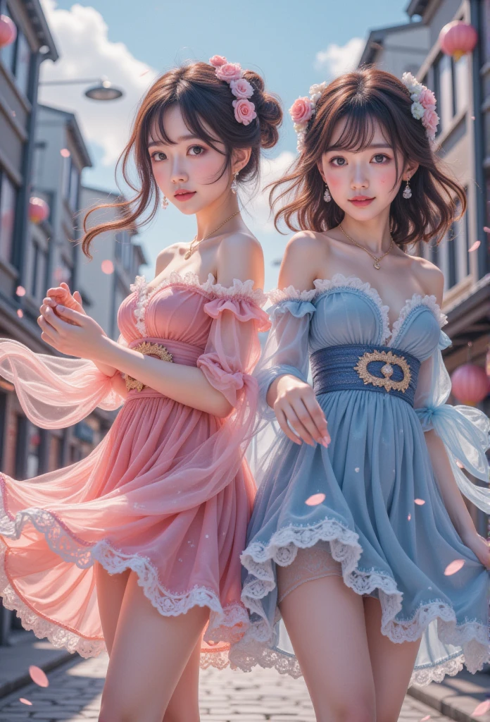 ( top quality、8K、32K、masterpiece、No:1.2)、 pictures of cute Japanese women、(Sad smile、 blush:1.1)、Look at the audience、(Beautifully detailed dresses :1.2)、 Leg Details 、( spread legs :0.9)、(Lace panties:0.9)、(wind吹:1.6)、whole body、wind、City、Outdoors