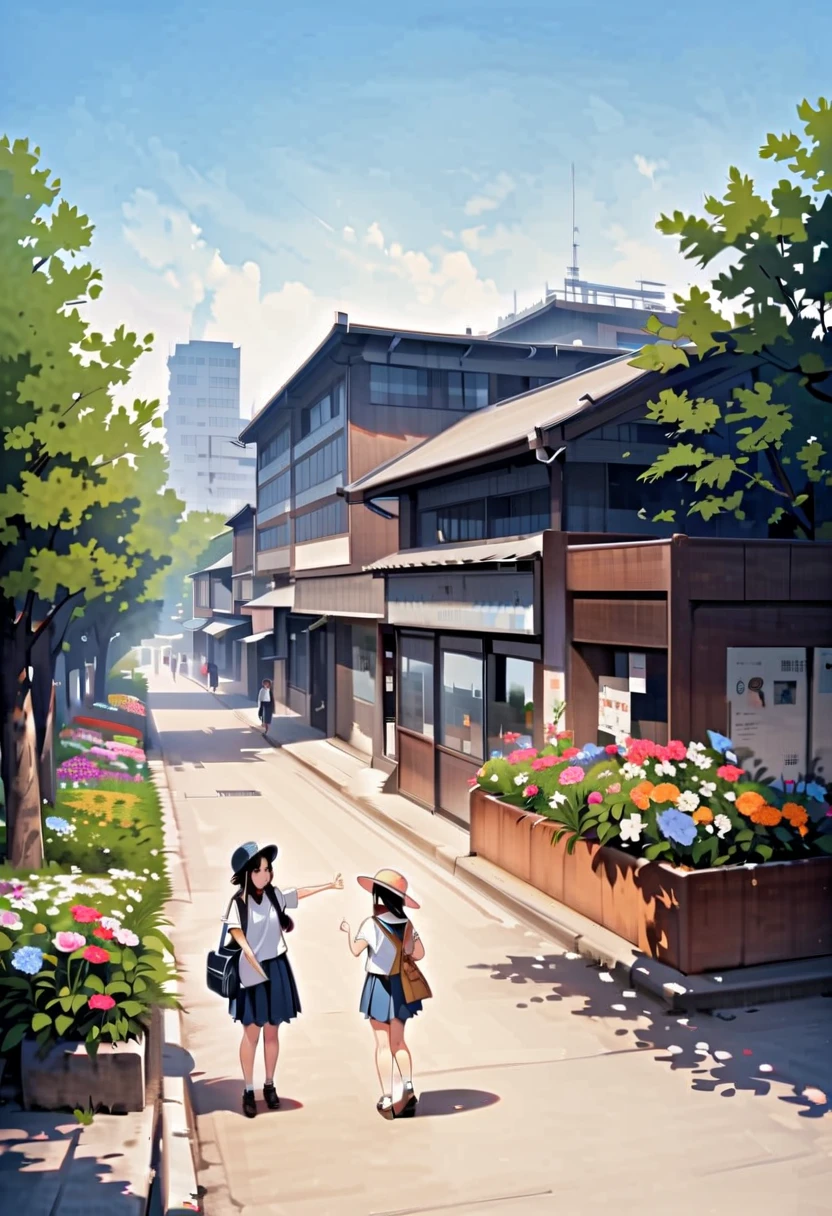 、 Scenery、Japan、City、tree、student、blue sky、School building、summer、flower、Buildings、Passersby、 school bags 、bag、Light clothing、hat、 bright 、greeting