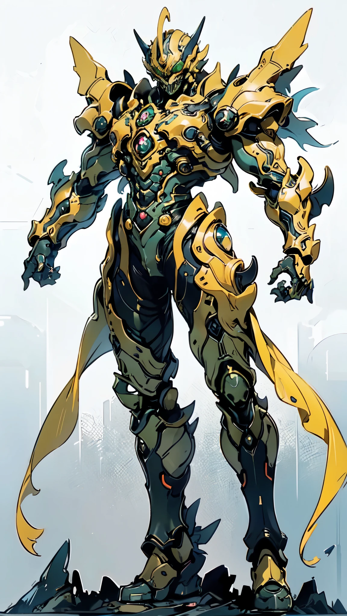 (masterpiece:1.5, best quality:1.5, extremely delicate:1.5), ((male:1.5)), a man wearing a full-face helmet, high-tech biomimetic armored combat suit, (a composite layered chest armor), the design balances heavy with agility, fully enclosed shoulder guards, matching arm and leg guards, a belt of gemstone, (the color scheme is primarily Red with Green and Yellow accents, Organic Biotech, Concept Inspired by Demon Skeleton, glowing eyes, armor glows), stand of a futuristic sci-fi city, this character embodies a finely crafted fantasy-style armored hero in anime style, exquisite and mature art style, metallic, high definition, highres, ultra-detailed, ultra-fine painting, professional, perfect body proportions, golden ratio, anatomically correct, symmetrical face, extremely detailed eyes and face, high quality eyes, creativity, RAW photo, UHD, 32k, Natural light, cinematic lighting, (masterpiece-anatomy-perfect:1.2)