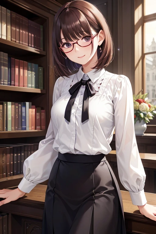 illustration, masterpiece, 1 girl, perfect eyes, perfect hands, perfect legs, (slim body:1.1), (huge breasts:1.1), (tiny waist:1.2), black hair, short hair, brown eyes, white shirt, dark blue pleated skirt, (black tights:1.1), light blue bowtie, red rimmed glasses,