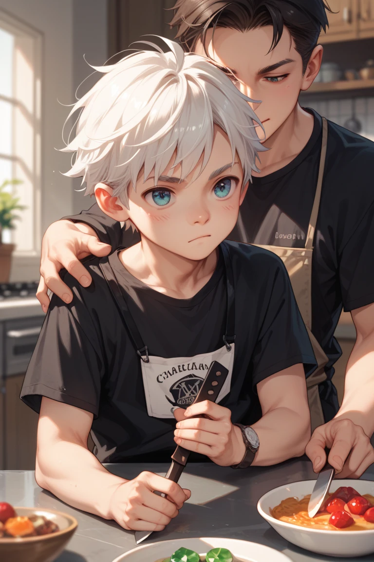 A black-haired guy is sitting tied up on the floor, a white-haired man is standing over him and smiling insanely. The black-haired guy is afraid, crying. the white-haired guy is embarrassed, his cheeks are blushing, he is holding an axe in his hands