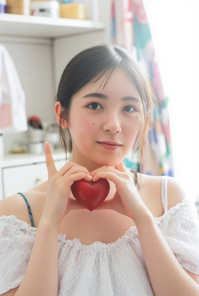  from a front view of her whole body is cute,  fluffy off-shoulder pajamas ,  make a big heart with both hands , Hold it in front of your chest , Looking above my collarbone 、 The background is a monotone   

