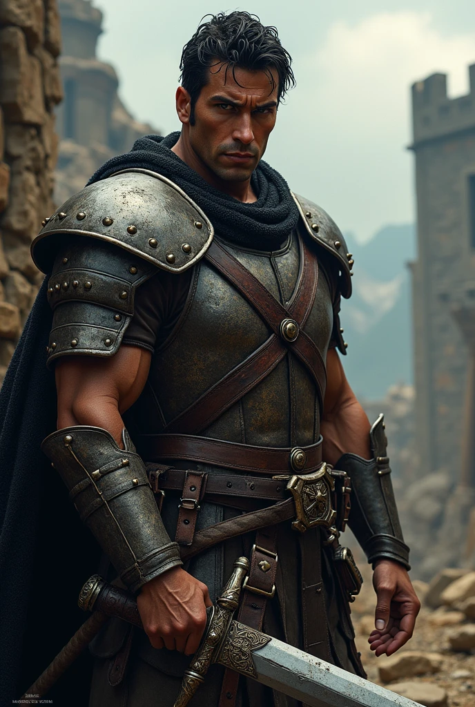 Raw, cinematic shot, (sharp focus:1.5), (photorealistic:1.2), 1boy, medium portrait muscle bulk daddy of (a weary-looking but still proud and fierce-looking บาบาเลี่ยน warrior, now the leader of his village, dressed in elaborately detailed chain mail and leather armour, a few torches burn on the walls, giving the scene a dark atmosphere but sculpting the forms in sharp chiaroscuro), it is night time, dark lighting, twilight lighting, volumetric lighting, blackground is city ruin.