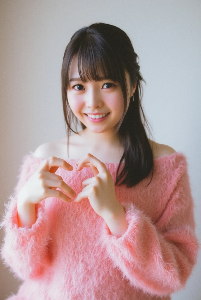  from a front view of her whole body is cute,  fluffy off-shoulder pajamas ,  make a big heart with both hands , Hold it in front of your chest , Looking above my collarbone 、 The background is a monotone   

