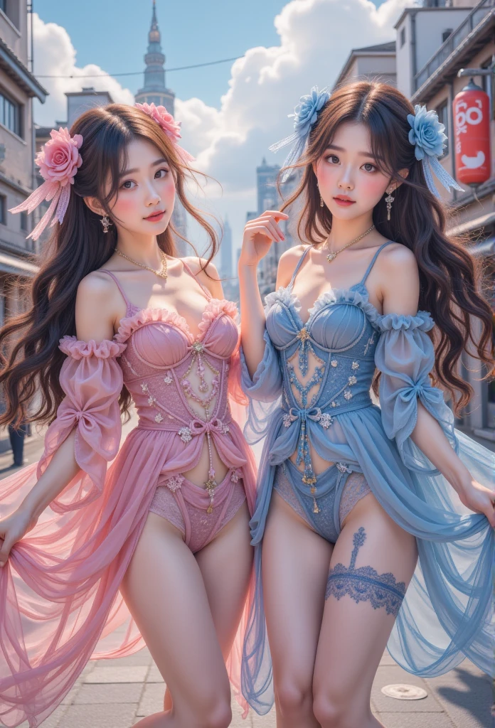 ( top quality、8K、32K、masterpiece、No:1.2)、 pictures of cute Japanese women、(Sad smile、 blush:1.1)、Look at the audience、(Beautifully detailed dresses :1.2)、 Leg Details 、( spread legs :0.9)、(Lace panties:0.9)、(wind吹:1.6)、whole body、wind、City、Outdoors