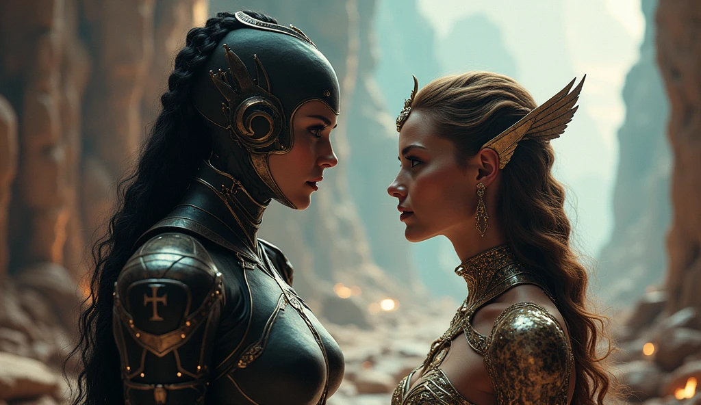 a woman (Caitriona Balfe) in a yellow dress standing next to a man (Sam Heughan) in armor, a matte painting by Jacques Maroger, cgsociety, antipodeans, reimagined by industrial light and magic, movie still, 1970s