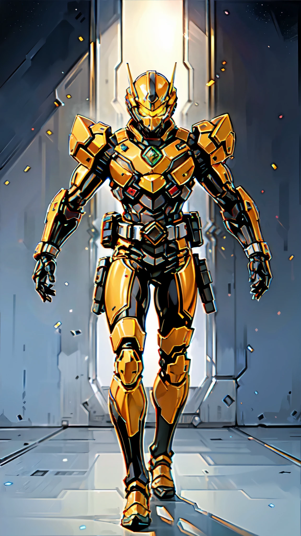 (masterpiece:1.5, best quality:1.5, extremely delicate:1.5), ((male:1.5)), a man wearing a full-face helmet, high-tech biomimetic armored combat suit, (a composite layered chest armor), the design balances heavy with agility, fully enclosed shoulder guards, matching arm and leg guards, a belt of gemstone, (the color scheme is primarily Red with Green and Yellow accents, Organic Biotech, Concept Inspired by Demon Skeleton, glowing eyes, armor glows), stand of a futuristic sci-fi city, this character embodies a finely crafted fantasy-style armored hero in anime style, exquisite and mature art style, metallic, high definition, highres, ultra-detailed, ultra-fine painting, professional, perfect body proportions, golden ratio, anatomically correct, symmetrical face, extremely detailed eyes and face, high quality eyes, creativity, RAW photo, UHD, 32k, Natural light, cinematic lighting, (masterpiece-anatomy-perfect:1.2)