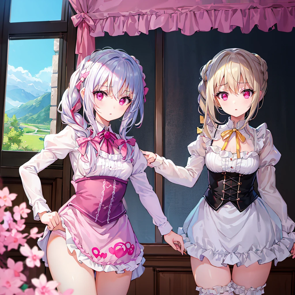 ((((Young male)))),(best quality),(Highest image quality),(highres),original,(Extremely uniform picture),(highly detailed),(best illustration),(an extremely delicate and beautiful),(Pink eyes),(hair flower),high heelss,headband,{{lited_ by self}},{{lingerie shop}},indoor,{{2girls}},loli,high heelss,nowing,hair flower,headband,masterpiece,best quality,official art,extremely detailed CG unity 8k wallpaper,long hair,((cleavage)),pink clothes,Small handbag,long eyelashes,(((silk stockings))),earring,((((Triangle underwear)))),gigantic breasts,garden,dress_lift,(((((Beauty poster))))),((((Off shoulder skirt)))),forehead,shed tears,(((crying))),Pearl Necklace,Diamond Earrings,(((Long eyelashes))),(Flower tattoo)
