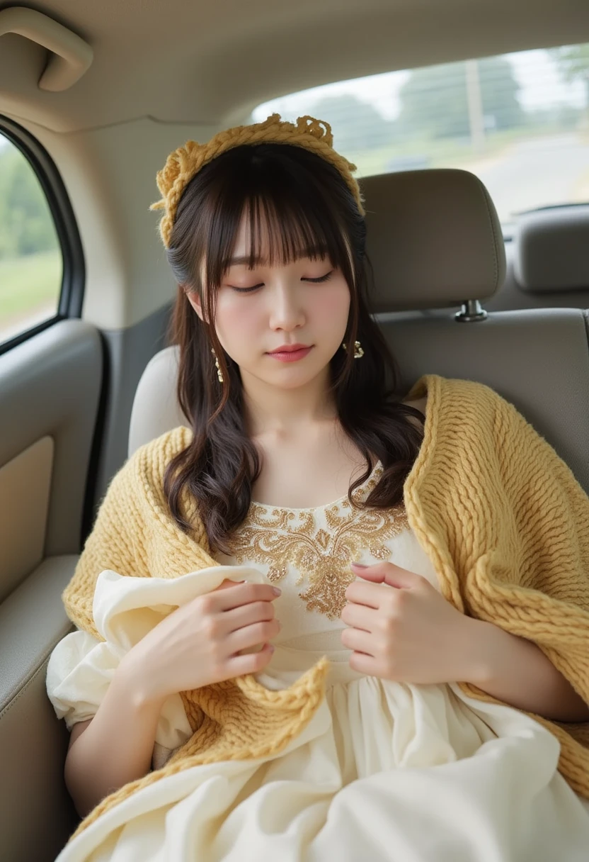 ((  Masterpiece )), (( best quality)), 8k,  high definition ,  super detailed, (woman), ( white dress adorned with golden edging ), ( golden yarn shawl scattered), (Eyes closed expression) (Sleeping in the car 1.6) (Full body display 1 .4)  this work is a masterpiece ,  best qualityと super detailed, captured in 8k  high definition . Photographic  realistic ,  realistic , very detailed illustrations  realistic ,  octane rendering 