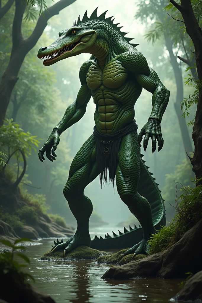 Velociraptor, male, balls, large flaccid penis, forestskin, flat chest, realistic scalie, gray body, jungle, pose, in a jungle tree, premitive clothes