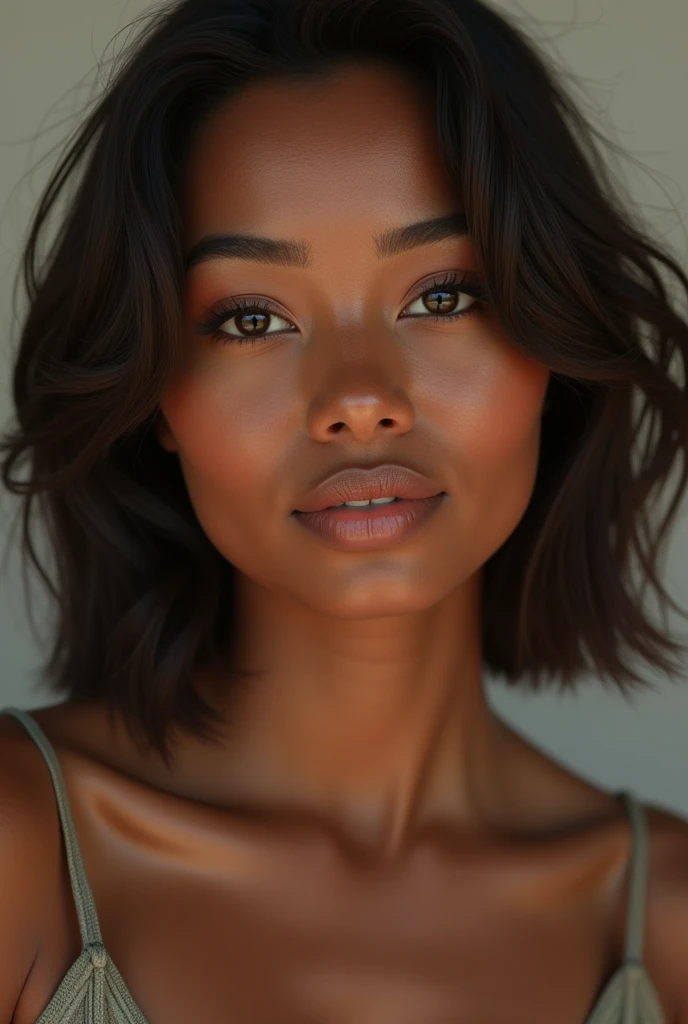 (((Masterpiece))), best quality, close-up, dark skin, sculptural body, long red hair, intense makeup, expressive eyes, warm lighting tones, neutral background.