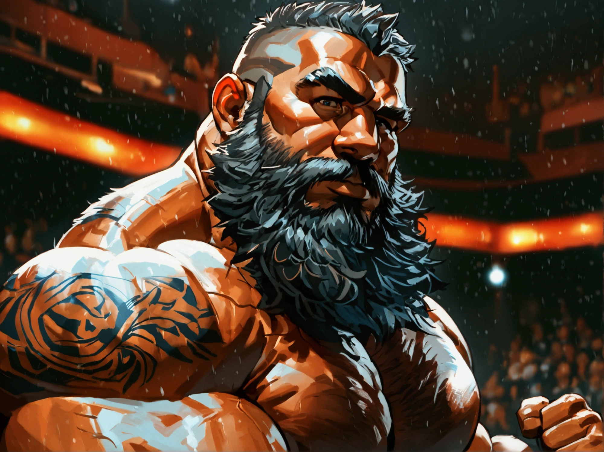 {
"prompt": "a 38 year old man, con barba y lentes de sol, aparece como protagonista en una escena de la WWE. It is a medium shot focusing on the upper part of the body. The man is in the ring, rodeado de una multitud enardecida bajo luces brillantes y coloridas. Lleva una camiseta sin mangas ajustada, wrestling wristbands and pants, showing his muscles and tattoos. His expression is defiant and full of energy, with his fist raised in victory. The ring is decorated with red ropes and the WWE logo. The atmosphere is electric, with fans screaming and banners waving, capturing the excitement and spectacle of professional wrestling."
}