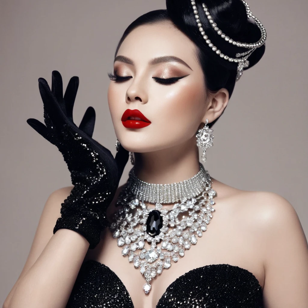 Beautiful wearing luxury very big beautiful shining black gliter dress and gloves and necklace looking so beautiful and having white skin tone and red lipstick .