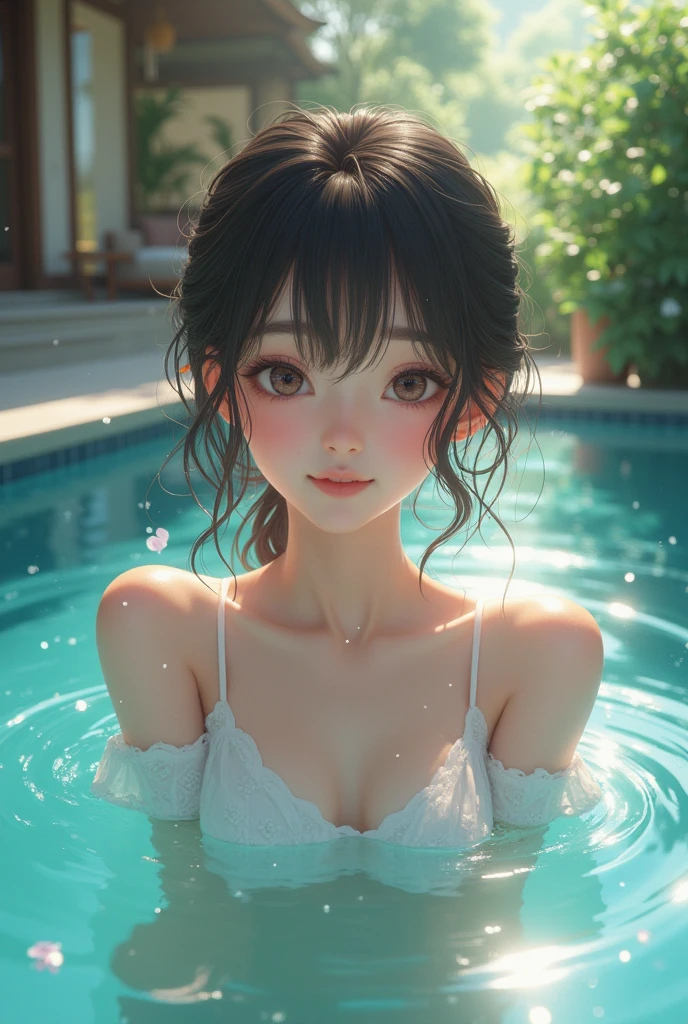 On a spring morning,The sun shines on the water park。In this joyous place,There is a beautiful girl who is heartwarming。She wears a see-through outfit,Show her perfect graceful posture。Her hair is medium,Slanted bangs with split ponytails,Gently tuck behind your ear。Her eyes were watery,The heterochromic pupils add a sense of mystery。She had a mischievous smile on her face,It reveals a hint of tease。
The beautiful girl wears a delicate head flower,The accessory is adorned with a pendant,Make her more delicate and lovely。Her bare feet rippled in the water,It adds a sense of movement to the whole scene。Her skin glows,Like delicate pearls,Intoxicating。
This is a masterpiece,The picture quality is excellent,Show the beauty of the girl。The painting uses techniques of the highest quality,Ultra-high-resolution 8K graphics are presented,It is as if you can feel her presence in person。
The beautiful girl sits sideways by the pool,Looking into the distance。Her facial features are delicate and perfect,Every detail is depicted vividly。Her smile revealed a playfulness and innocence,People can't help but be moved。
This picture shows the beautiful scene and the cuteness of the girl。Her presence makes the whole picture full of life and vitality。It's all intoxicating,It's like being in a dream world。