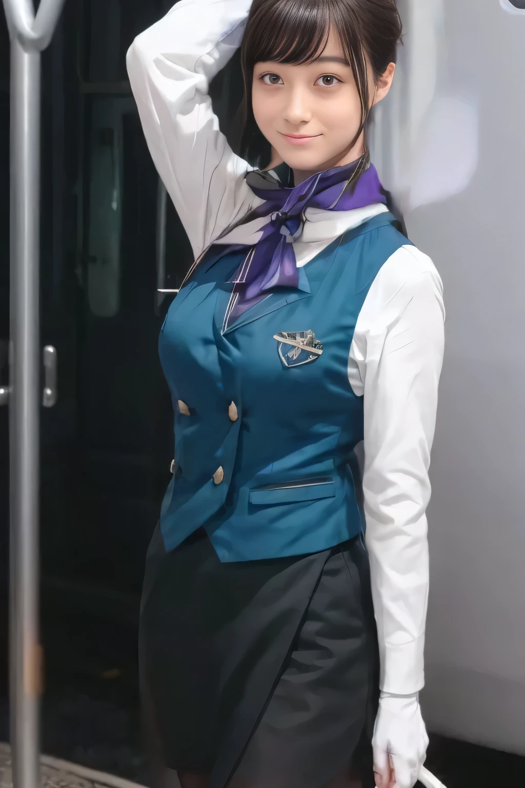 (  Masterpiece :1.2,  best quality:1.2), 32kHDR,  kampala, (Alone、  1 girl)、（what 、  professional lighting ）、In-flight background、（Nankai Train crew uniformを着たリアルなスタイル）、（（Nankai Train crew uniformのグリーンのベスト））、（（ Nankai Train Crew Uniform Collarless White Long Sleeve Blouse）） 、（（Nankai Train Crew Uniform Culotte Skirt  、Scarf around the neck））、  lots of dark brown hair 、（  long hair、Hair tied up、Hair tied up）、  lots of dark brown hair 、 Long Hit 、Big Breasts、Thin legs、（（ amazing hands：2.0）），（（ Harmonious physique  ：1.5）），（（Normal limbs：2.0）），（（Usually ：2.0）），（（  delicate eyes ：2.0）），（（Normal eyes：2.0））)、smile、（Nankai Train crew uniformを着た美しい姿）、Hands crossed underneath 
