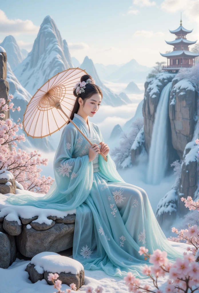  serene winter landscape ， inspired by classical Chinese landscape painting .  In winter everything is covered in snow  ,    An elegant woman Sitting on a rock ledge  ,   Wearing traditional light blue Hanfu ， adorned with intricate embroidery  . She holds a large one,   Translucent parasols with bamboo frames  ,   lying on her shoulder  ,  add elegance to her posture .   Her carefully designed hair is adorned with ornamental flowers and delicate hairpins ,   giving her nobility and nobility Exquisite look  .   surrounded by snowy leaves  , ， including soft pink flowers covered with white snow 
 
 On a snowy ground ,  A fantastic stretch of valley  ,  , the jagged karst spires rise dramatically  .   Traditional Chinese pagodas rise from a snowy cliff  ,    Their ornate structure adds a mysterious atmosphere  .   Cascading waterfalls gracefully flow from a towering peak  ,   Their white flow enhances the sense of movement and life  .  

     The overall mood is timeless beauty  , tranquility, and balance ,   In winter everything is covered in snow  ,   Reminiscent of traditional Chinese painting  ,  create an enchanting , The , ， fantastic beauty  .