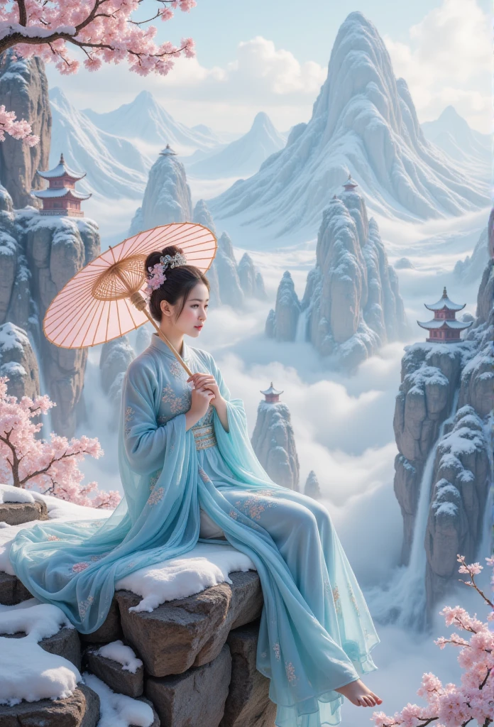  serene winter landscape ， inspired by classical Chinese landscape painting .  In winter everything is covered in snow  ,    An elegant woman Sitting on a rock ledge  ,   Wearing traditional light blue Hanfu ， adorned with intricate embroidery  . She holds a large one,   Translucent parasols with bamboo frames  ,   lying on her shoulder  ,  add elegance to her posture .   Her carefully designed hair is adorned with ornamental flowers and delicate hairpins ,   giving her nobility and nobility Exquisite look  .   surrounded by snowy leaves  , ， including soft pink flowers covered with white snow 
 
 On a snowy ground ,  A fantastic stretch of valley  ,  , the jagged karst spires rise dramatically  .   Traditional Chinese pagodas rise from a snowy cliff  ,    Their ornate structure adds a mysterious atmosphere  .   Cascading waterfalls gracefully flow from a towering peak  ,   Their white flow enhances the sense of movement and life  .  

     The overall mood is timeless beauty  , tranquility, and balance ,   In winter everything is covered in snow  ,   Reminiscent of traditional Chinese painting  ,  create an enchanting , The , ， fantastic beauty  . 