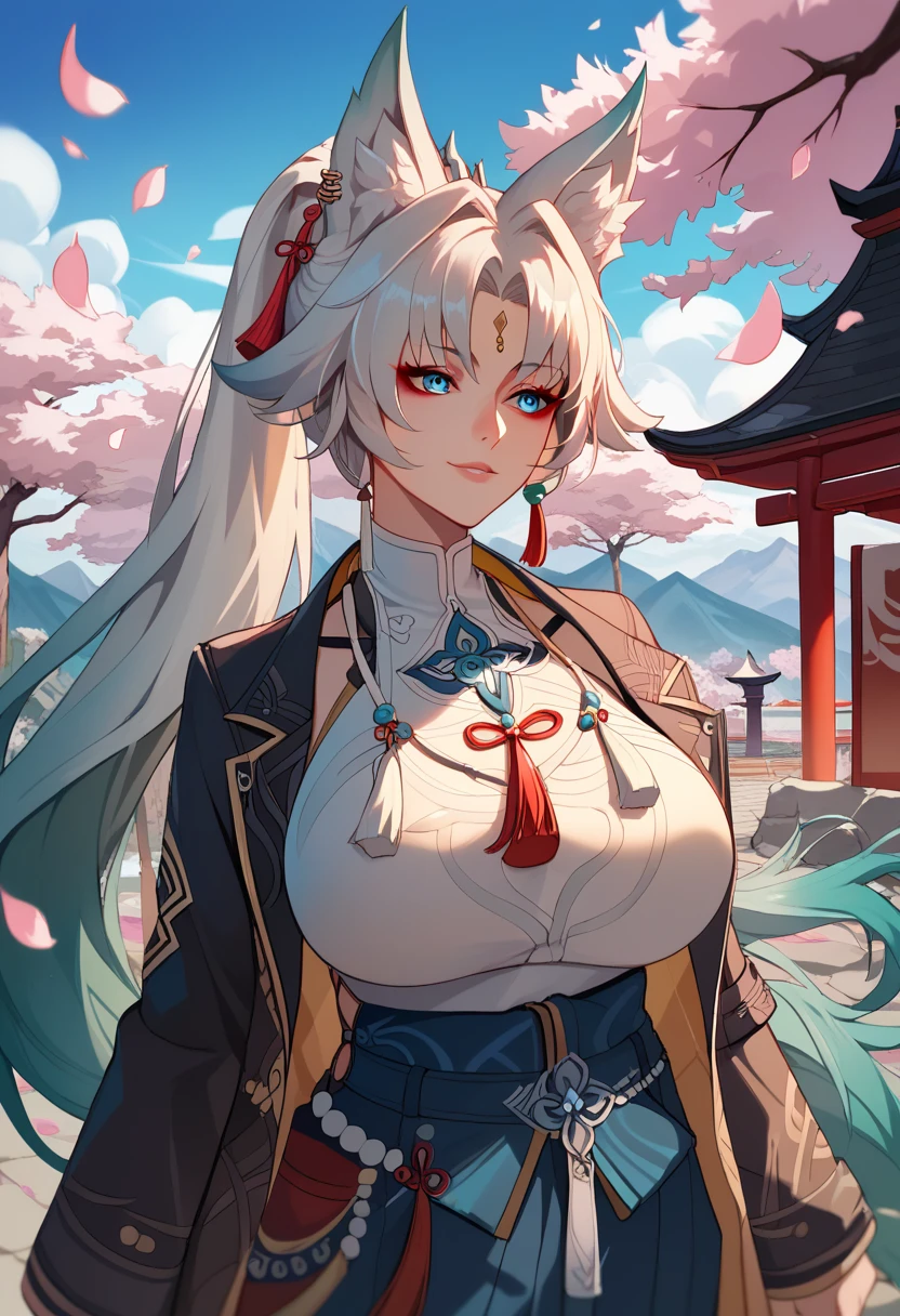 (masterpiece, top quality, best quality, official art, beautiful, cosmic, atmospheric, psychedelic, dreamlike, shinto shrine and aesthetic:1.2), (1girl, platinum white hair, beautuful highly detailed Harajuku-inspired hooded kimono, tons of tattoos and piercings, super huge enormously gigantic nude tits and nipples exposed, cleavage showing, gigantic tits bursting out of her kimono), extreme detailed,(fractal art:1.3),colorful,highest detailed, cherry blossoms blowing in the wind