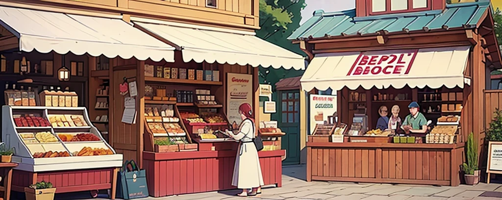 style illustration featuring six detailed comic-like panels on a single white sheet. Each panel contains two full-body characters, a vendor wearing a clean white apron with the logo 'Naturbet,' and a customer without an apron, interacting around colorful beetroot-based products such as cakes, pancakes, and yogurt. The panels depict:

the vendor greeting the customer warmly with a friendly expression,
the vendor pointing to well-packaged products on a table,
the customer tasting a slice of beetroot cake with a surprised and delighted expression,
the vendor enthusiastically showcasing beetroot-based pancakes and yogurt,
the customer carrying a shopping bag full of products while the vendor waves goodbye, and
the vendor and customer enjoying the products around a breakfast table.
The illustration style is realistic but vibrant, avoiding exaggerated cartoonish features, with natural proportions and lifelike textures. The background is plain white to focus entirely on the characters and their interactions."