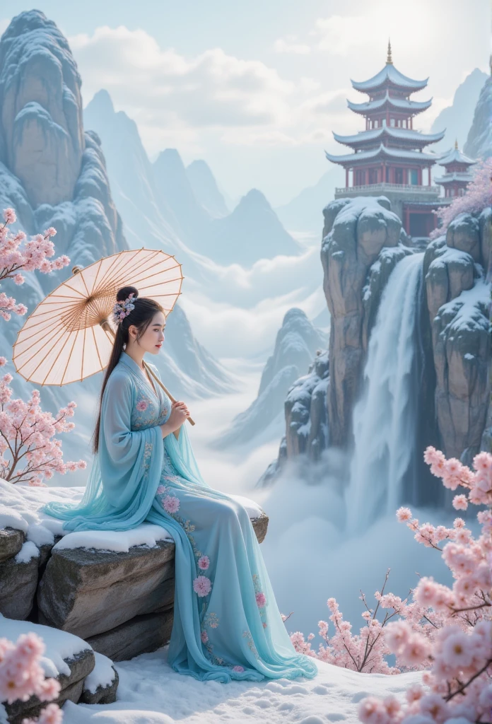  serene winter landscape ， inspired by classical Chinese landscape painting .  In winter everything is covered in snow  ,    An elegant woman Sitting on a rock ledge  ,   Wearing traditional light blue Hanfu ， adorned with intricate embroidery  . She holds a large one,   Translucent parasols with bamboo frames  ,   lying on her shoulder  ,  add elegance to her posture .   Her carefully designed hair is adorned with ornamental flowers and delicate hairpins ,   giving her nobility and nobility Exquisite look  .   surrounded by snowy leaves  , ， including soft pink flowers covered with white snow 
 
 On a snowy ground ,  A fantastic stretch of valley  ,  , the jagged karst spires rise dramatically  .   Traditional Chinese pagodas rise from a snowy cliff  ,    Their ornate structure adds a mysterious atmosphere  .   Cascading waterfalls gracefully flow from a towering peak  ,   Their white flow enhances the sense of movement and life  .  

     The overall mood is timeless beauty  , tranquility, and balance ,   In winter everything is covered in snow  ,   Reminiscent of traditional Chinese painting  ,  create an enchanting , The , ， fantastic beauty  .