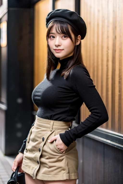 (masterpiece, best quality, perfect anatomy, highres, 8k, realistic, photorealistic, natural skin texture, no makeup:1.2), 1girl, solo. Japanese, age20, jp idol, (very cute), (upturned eyes:1.5), shy smile, (large breasts:1.2), perfect figure, thin dark gray long sleeve tight knit, beige flair high waist mini skirt, black long boots, black beret, (Tokyo down town), (looking at viewer:1.5), natural lighting, from front, cowboy shot