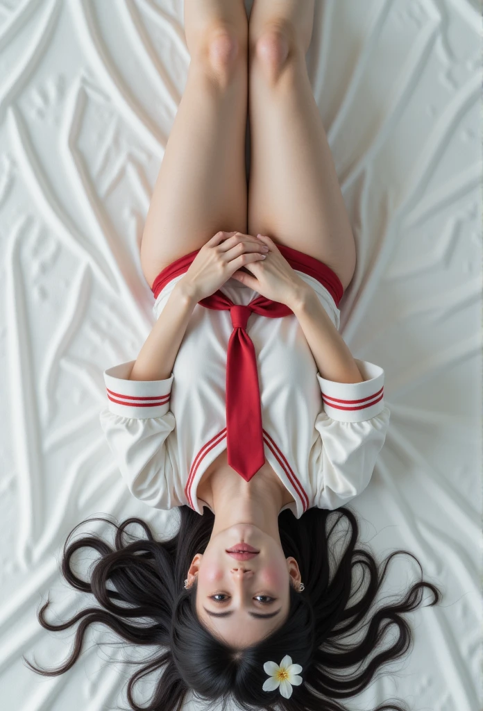 ((masterpiece, high resolution, best quality ,8K))
(Satin Tears)(1 female,Long black hair, small breasts,,Flower hairpin)
(White sailor suit,Red tie, Blue Dress ) open your legs ,Aheiyan,Supine,upside down,Wet