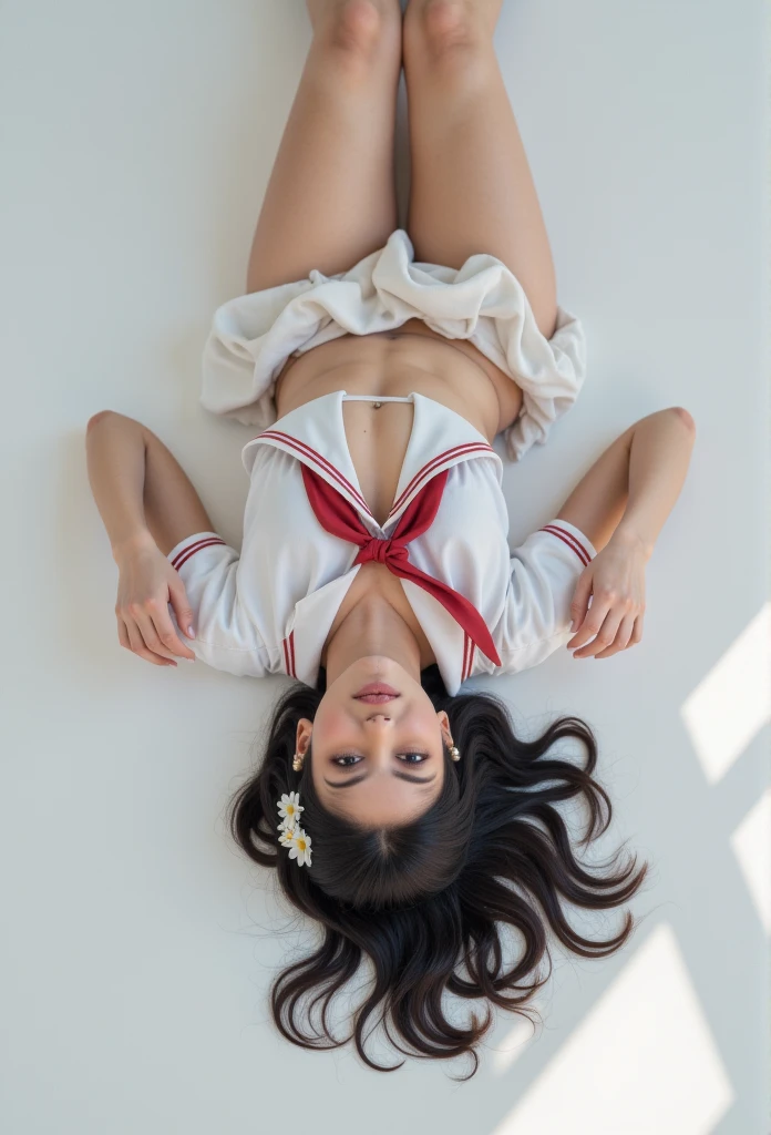 ((masterpiece, high resolution, best quality ,8K))
(Satin Tears)(1 female,Long black hair, small breasts,,Flower hairpin)
(White sailor suit,Red tie, Blue Dress ) open your legs ,Aheiyan,Supine,upside down,Wet