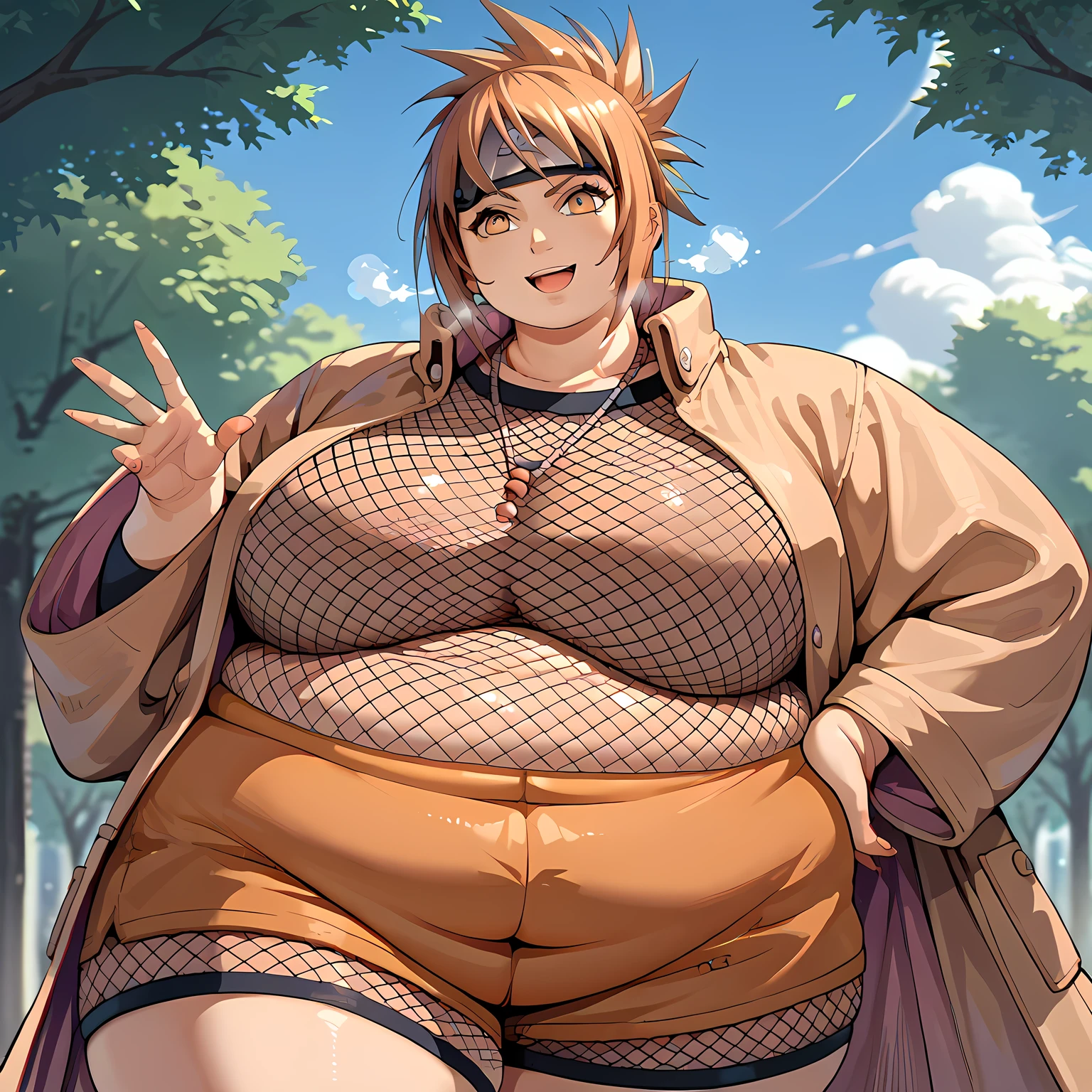 score_9, score_8_up, score_7_up, source_anime mitarashi anko, forehead protector, necklace, trenchcoat, mesh top, mesh shorts, orange skirt,  fat, chubby, obese, gigantic arms and legs, large breasts open mouth, out of breath, hand on hip, light smile, blue sky, tree