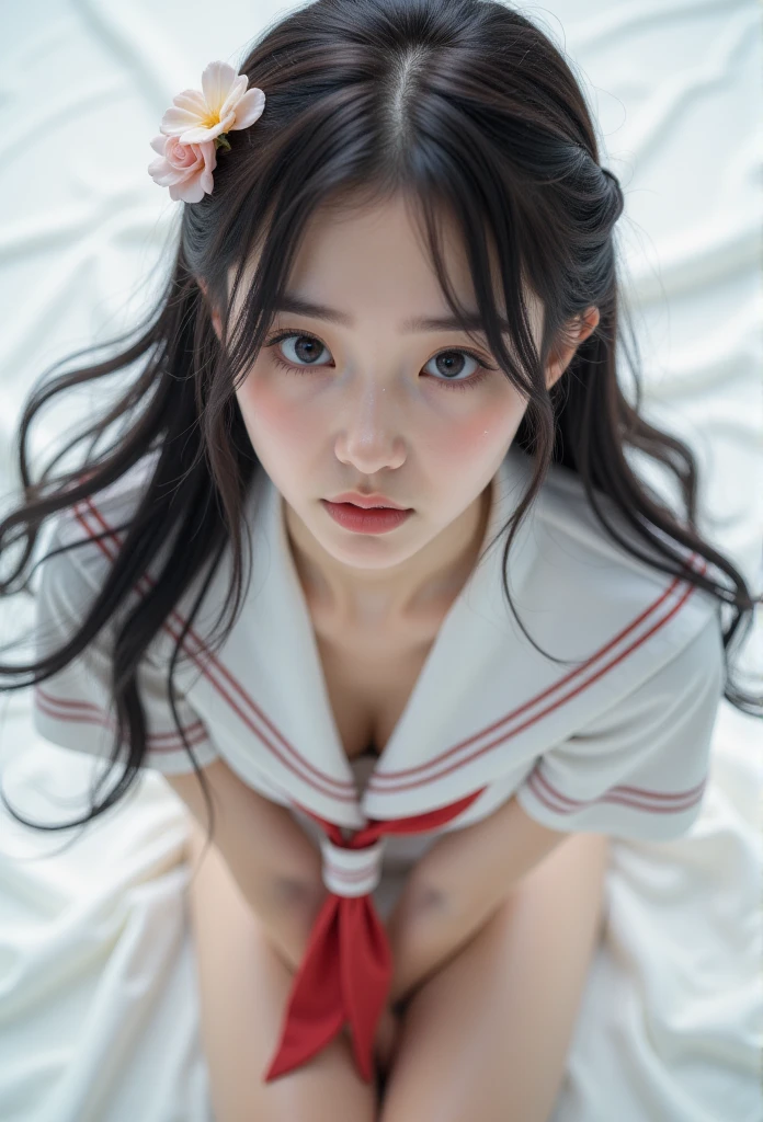 ((masterpiece, high resolution, best quality ,8K))
(Satin Tears)(1 female,Long black hair, small breasts,,Flower hairpin)
(White sailor suit,Red tie, Blue Dress ) open your legs ,Aheiyan,Supine,upside down,Wet