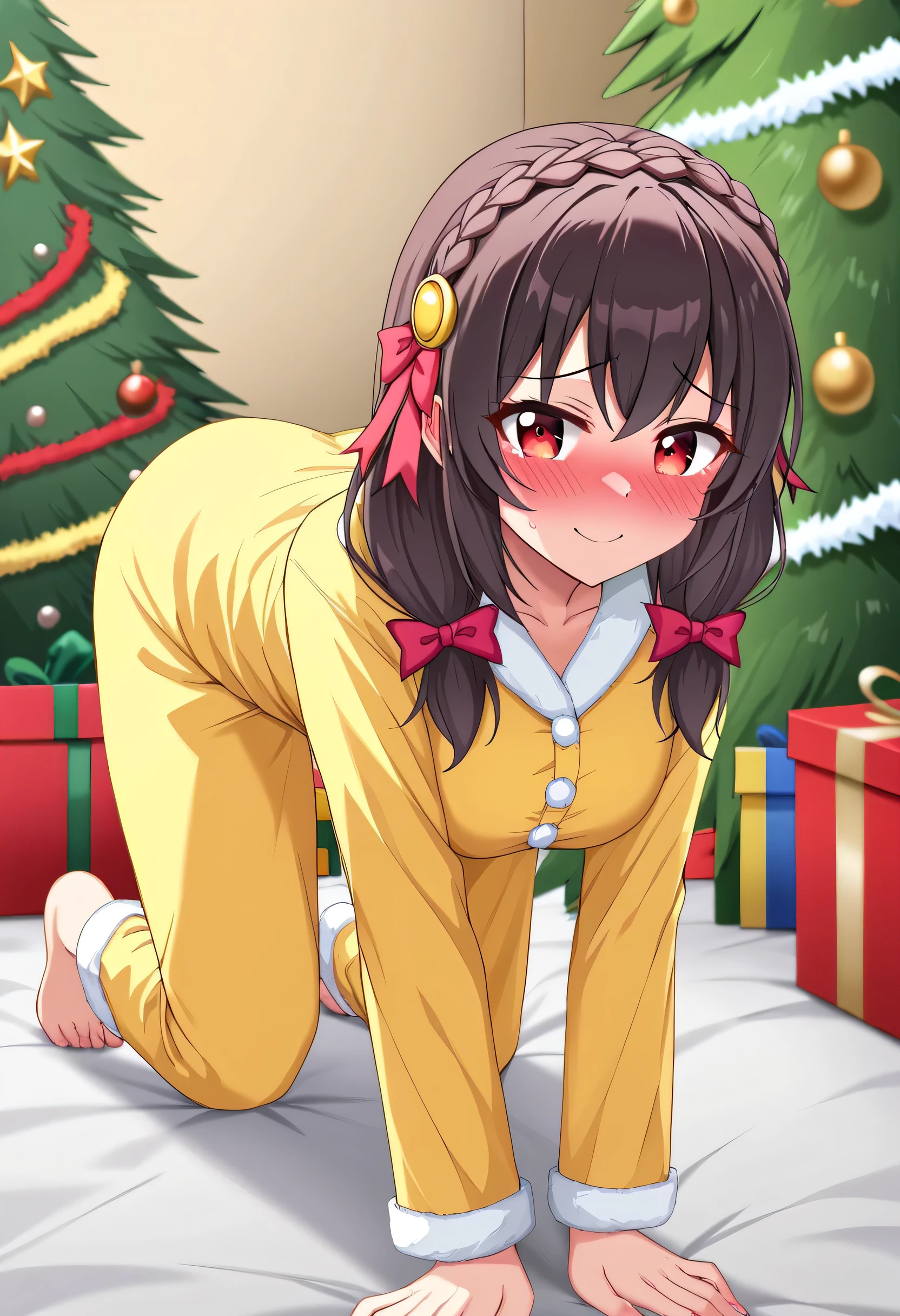 yunyun、masterpiece, best quality, high definition ,(One person), Yunyun、 crown braid the same color as your hair, black hair、Red eyes、 hair accessory with an open crotch, (Yellow pajamas)、 big-breasted 、(blush:1.2)、( Christmas tree:1.2).( with an embarrassed smile)、View the viewer、(on all fours)