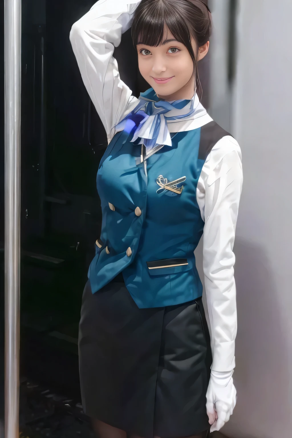 (  Masterpiece :1.2,  best quality:1.2), 32kHDR,  kampala, (Alone、  1 girl)、（what 、  professional lighting ）、In-flight background、（Nankai Train crew uniformを着たリアルなスタイル）、（（Nankai Train crew uniformのグリーンのベスト））、（（ Nankai Train Crew Uniform Collarless White Long Sleeve Blouse）） 、（（Nankai Train Crew Uniform Culotte Skirt  、Scarf around the neck））、  lots of dark brown hair 、（  long hair、Hair tied up、Hair tied up）、  lots of dark brown hair 、 Long Hit 、Big Breasts、Thin legs、（（ amazing hands：2.0）），（（ Harmonious physique  ：1.5）），（（Normal limbs：2.0）），（（Usually ：2.0）），（（  delicate eyes ：2.0）），（（Normal eyes：2.0））)、smile、（Nankai Train crew uniformを着た美しい姿）、Hands crossed underneath 
