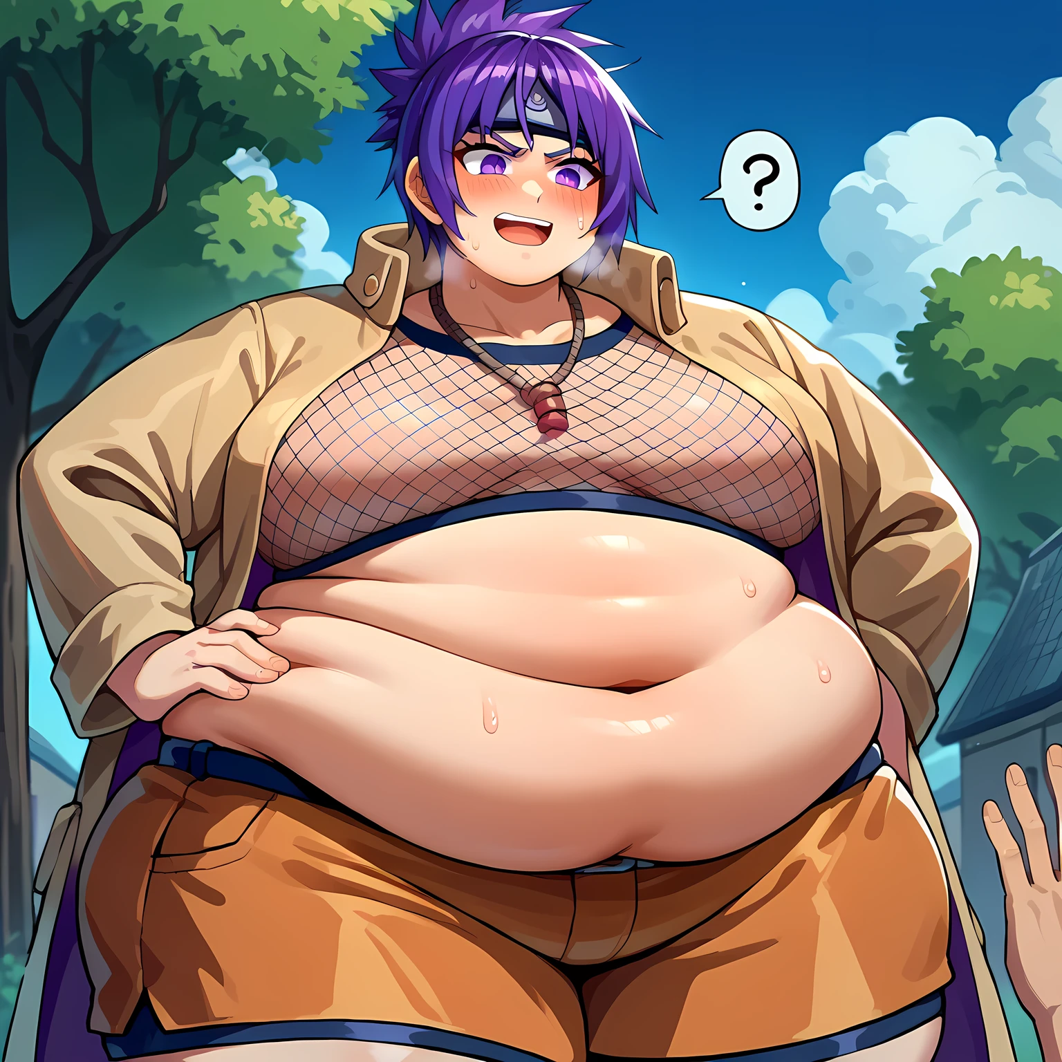 score_9, score_8_up, score_7_up, source_anime mitarashi anko, forehead protector, necklace, trenchcoat, mesh top, mesh shorts, orange skirt, , hand on hip, light smile, blue sky, tree, purple hair, purple eyes, detailed face, bulging belly, fat, chubby, obese, open mouth, out of breath, absurdres, highres icon, rating:General, confused, blush, spoken question mark, {flustered}, nervous sweating, portrait, pov hands, hand on another's belly, averting eyes, [looking away], straight-on, from below, swollen face, masterpiece, best quality, ultra-detailed, high resolution, 8K, absurdres, highres icon,