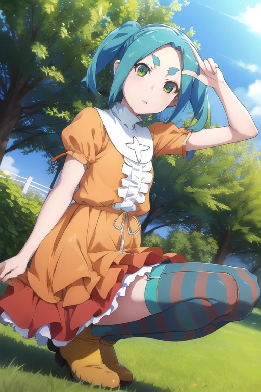 (Ononoki Yotsugi), one girl,  show viewers,
Striped Pantyhose ,  blue and gray pantyhose,  dress, (orange  dress),  white turtleneck collar ,  white frill,  has ,  puff sleeve , Short sleeve, 
 Aqua Hair,  shorthair, Green Eyes,  twin tails,  thick eyebrows, yellow boots garden , wood, close,
(One knee), ( raise your arms) ,(Finger of Peace), ( Dutch angle )
Expressionless, Mouth closed,