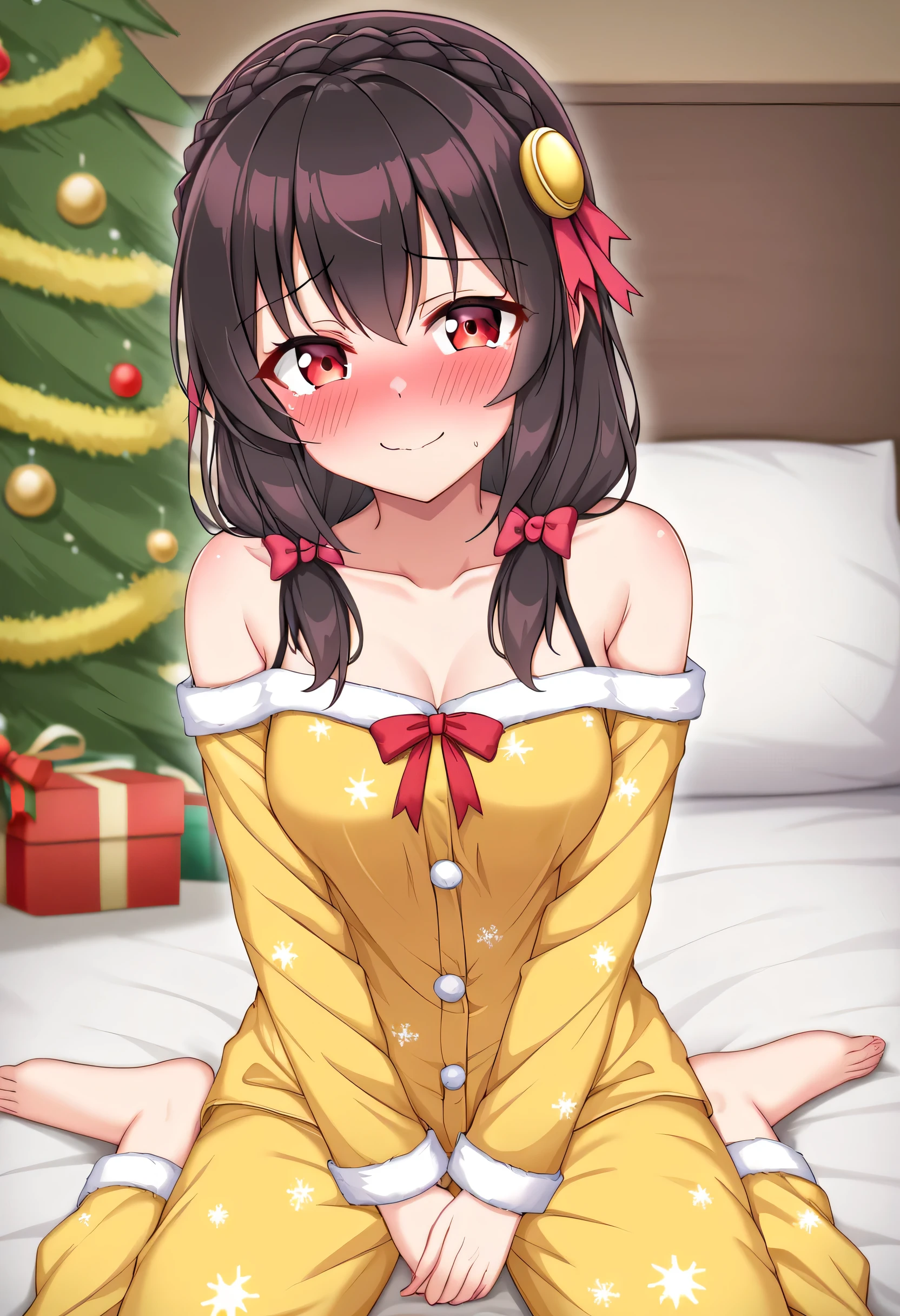 yunyun、masterpiece, best quality,  high definition ,(One person), Yunyun、  crown braid in the same color as hair,  black hair、Red eyes、 hair accessory with an open crotch, (yellow pajamas with open shoulders )、 big-breasted 、(blush)、( Christmas tree:1.2)、Looking up、( embarrassed smile)、View the viewer、 bed、( face down )