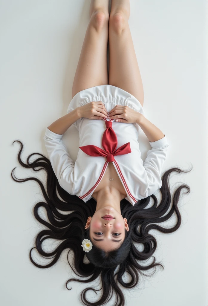 ((masterpiece, high resolution, best quality ,8K))
(Satin Tears)(1 female,Long black hair, small breasts,,Flower hairpin)
(White sailor suit,Red tie, Blue Dress ) open your legs ,Aheiyan,Supine,upside down,Wet