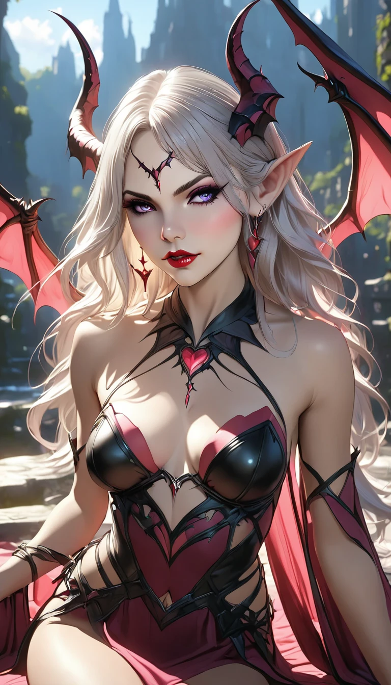 Gigi Hadid, devilish woman, black hair, pale skin, red eyes, elf-like costume, dark mysterious setting, curvy body, high detailed portraits, hyperrealistic, chiaroscuro lighting, dramatic atmosphere, dark fantasy, dramatic pose, intense gaze, sharp contrasts, cinematic composition, digital painting, masterpiece