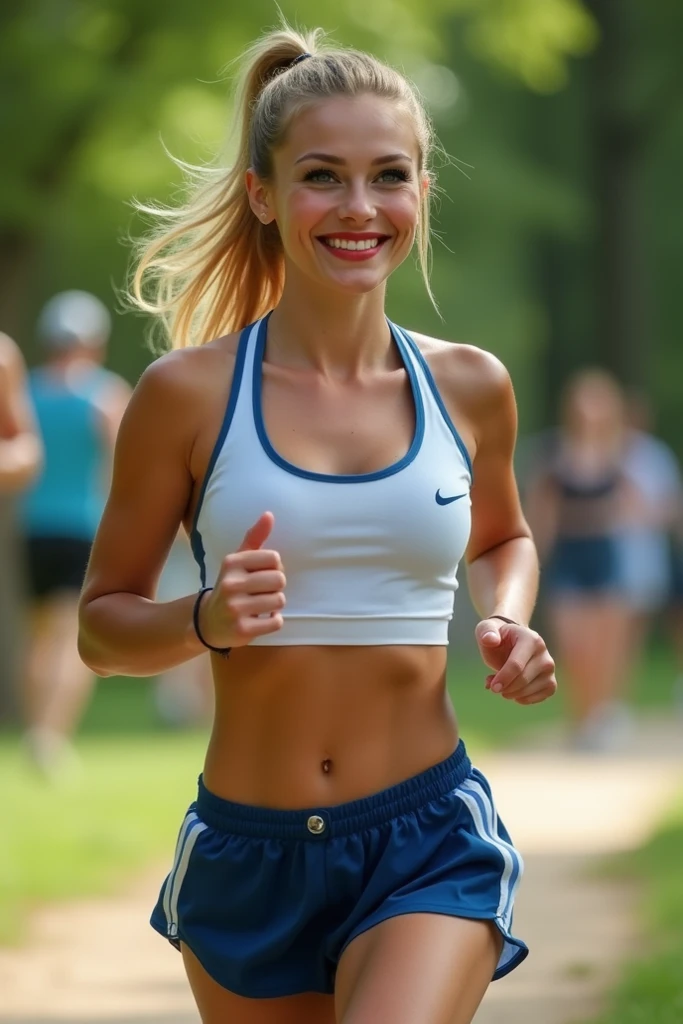 A 21 year old girl named Kate with short blonde hair, very nice medium breasts, her height is 1.60, white British style, kate is beautiful, angelic face, has slight freckles in the nose area,Kate is running on the boardwalk of Copacabana Beach, wearing a white top and white leggings, with a blue nike sneakers, she's happy to be on vacation in Rio de Janeiro
